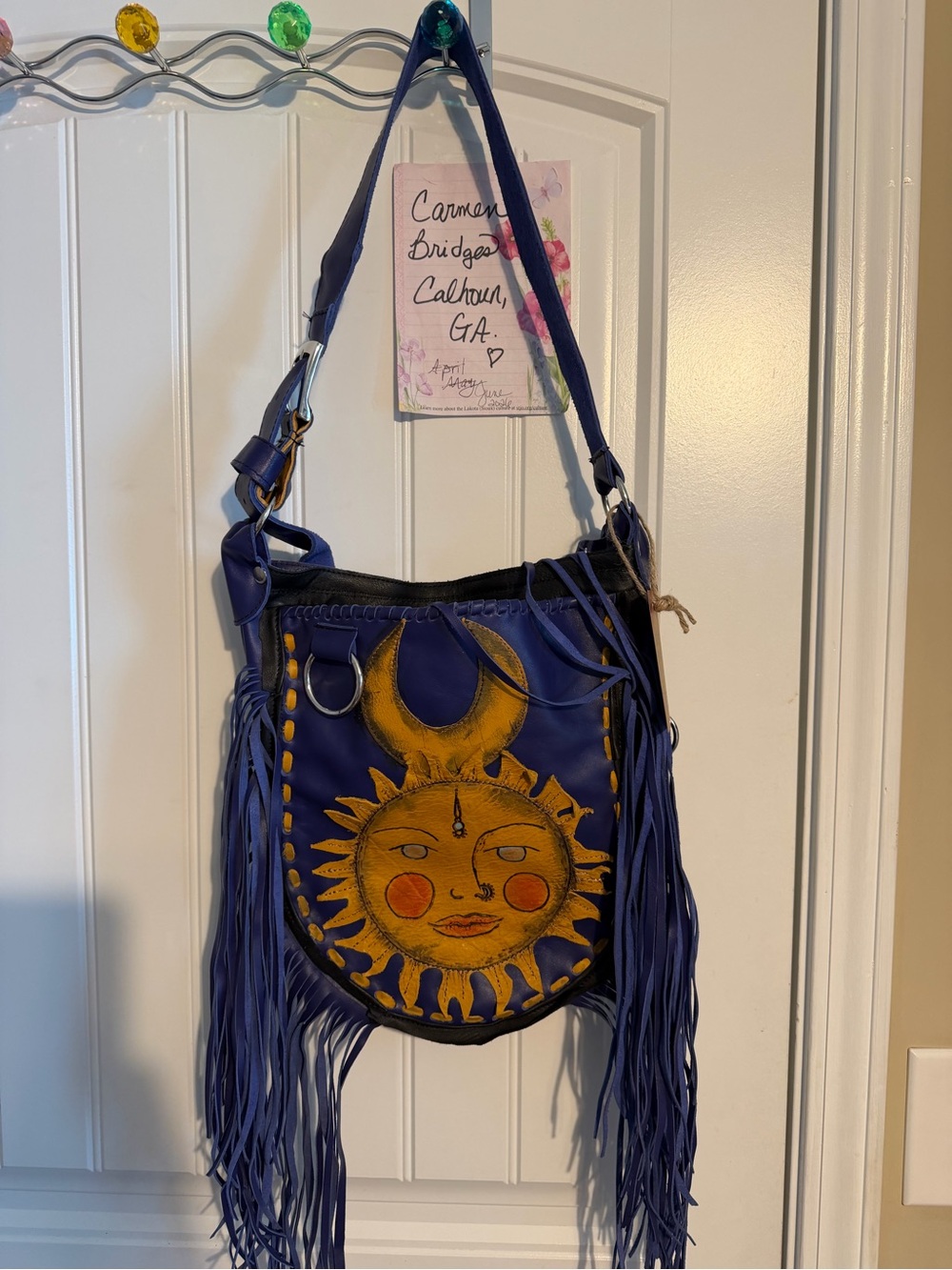 Purple Leather Fringe Crossbody Bag with Sun & Moon Motif - Picture 7 of 11